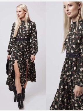 Topshop Dark Green Floral Long-Sleeve Midi Dress with Pink Blooms
